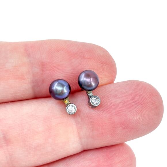 Vintage Sterling Silver 925 Black Pearl Cubic Zirconia Stud Earrings - Picture 1 of 8